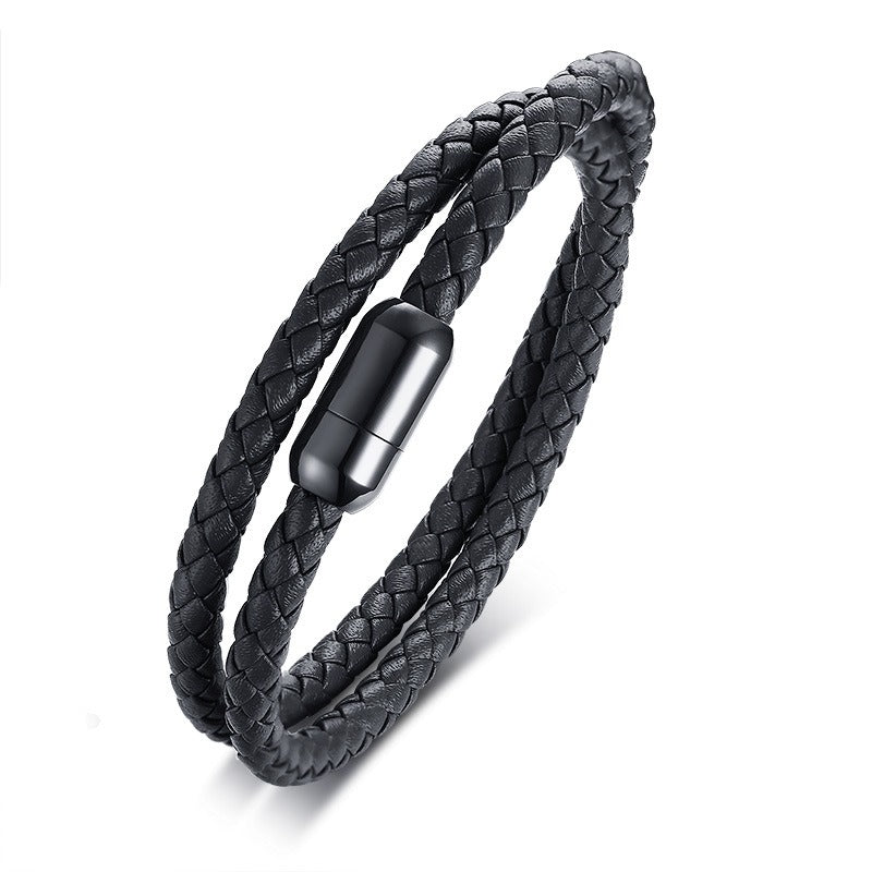 Kemstone Black Leather & Stainless Steel Magnetic Bracelet – Dual-Layer Cuff for Men BL446