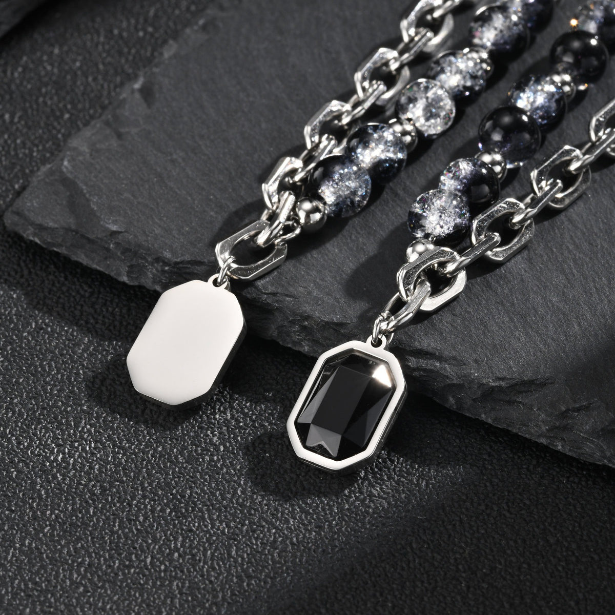 Kemstone Black Glass Necklace for Men Mixed-Link Beaded Chain NC-3269