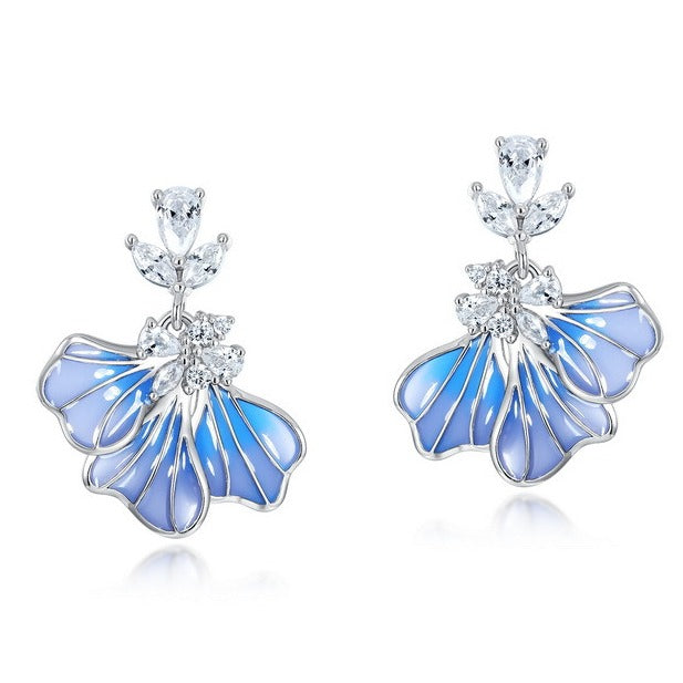 Kemstone Handcrafted Blue Iris Enamel Stud Earrings – S925 Sterling Silver, White Gold Plated with Zirconia Accent