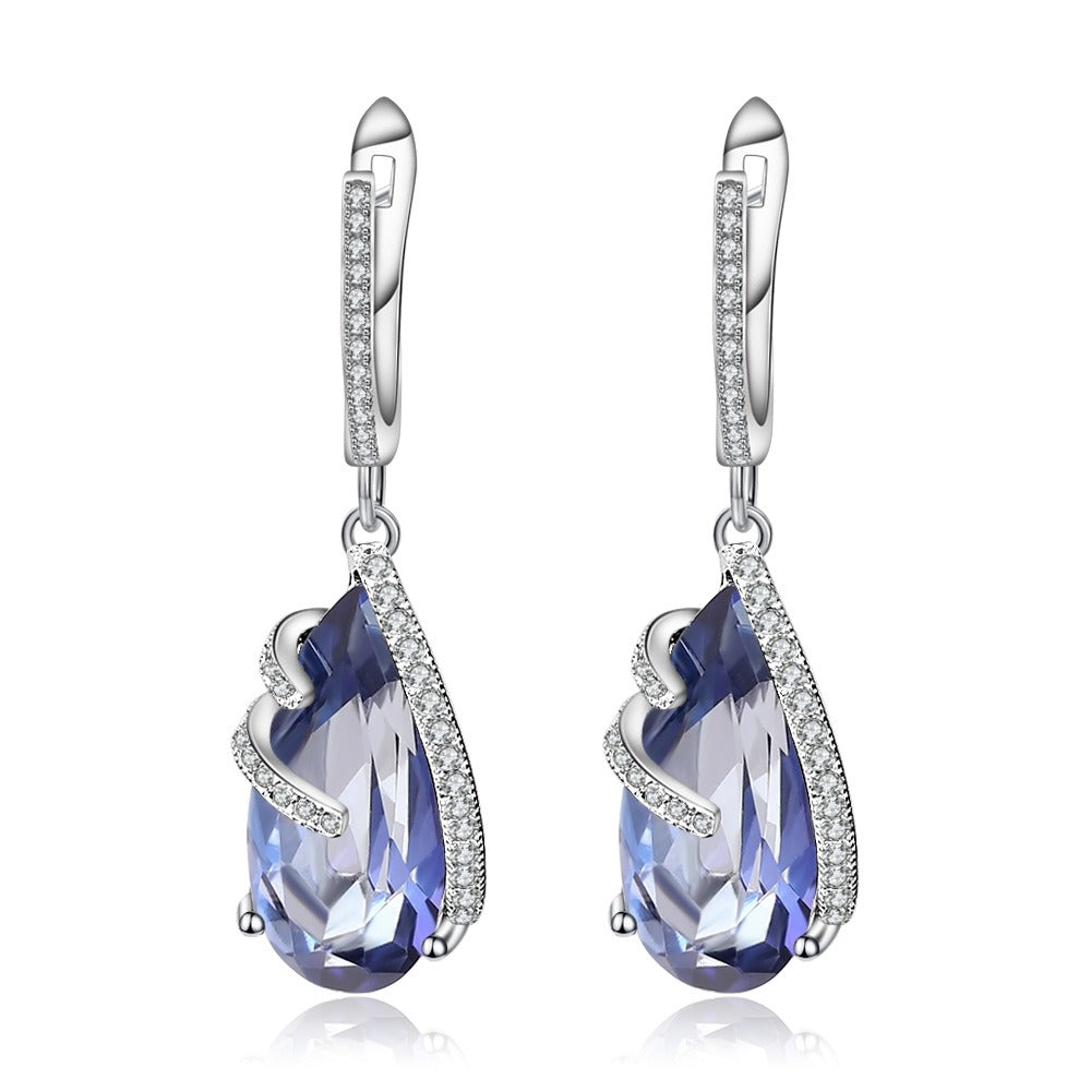 Pendientes colgantes de gota de agua de plata de ley con circonita blanca y cuarzo místico azul, diseño original artesanal de Kemstone