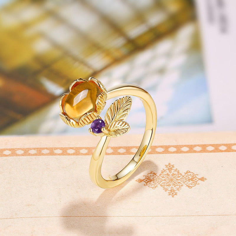 Anillos de citrino natural con diseño original, hechos a mano por Kemstone | Anillos de plata de ley S925 chapados en oro | Anillo abierto estilo bohemio con forma de flor para mujer | Anillos con piedras preciosas