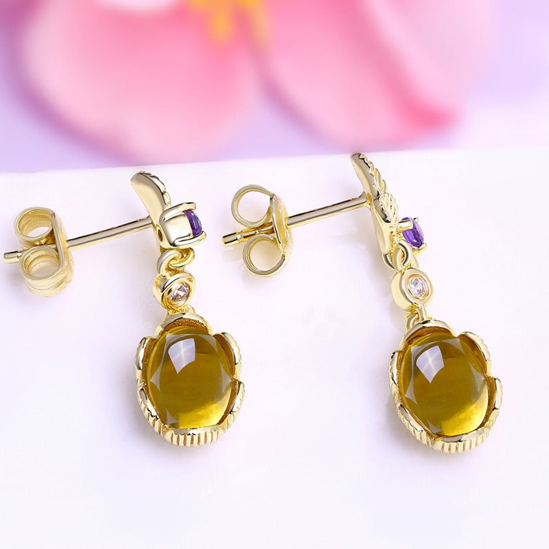Pendientes de citrino natural de diseño original hechos a mano por Kemstone | Pendientes colgantes de plata de ley S925 bañados en oro | Diseño floral bohemio | Joyería llamativa para mujer | Pendientes con piedras preciosas