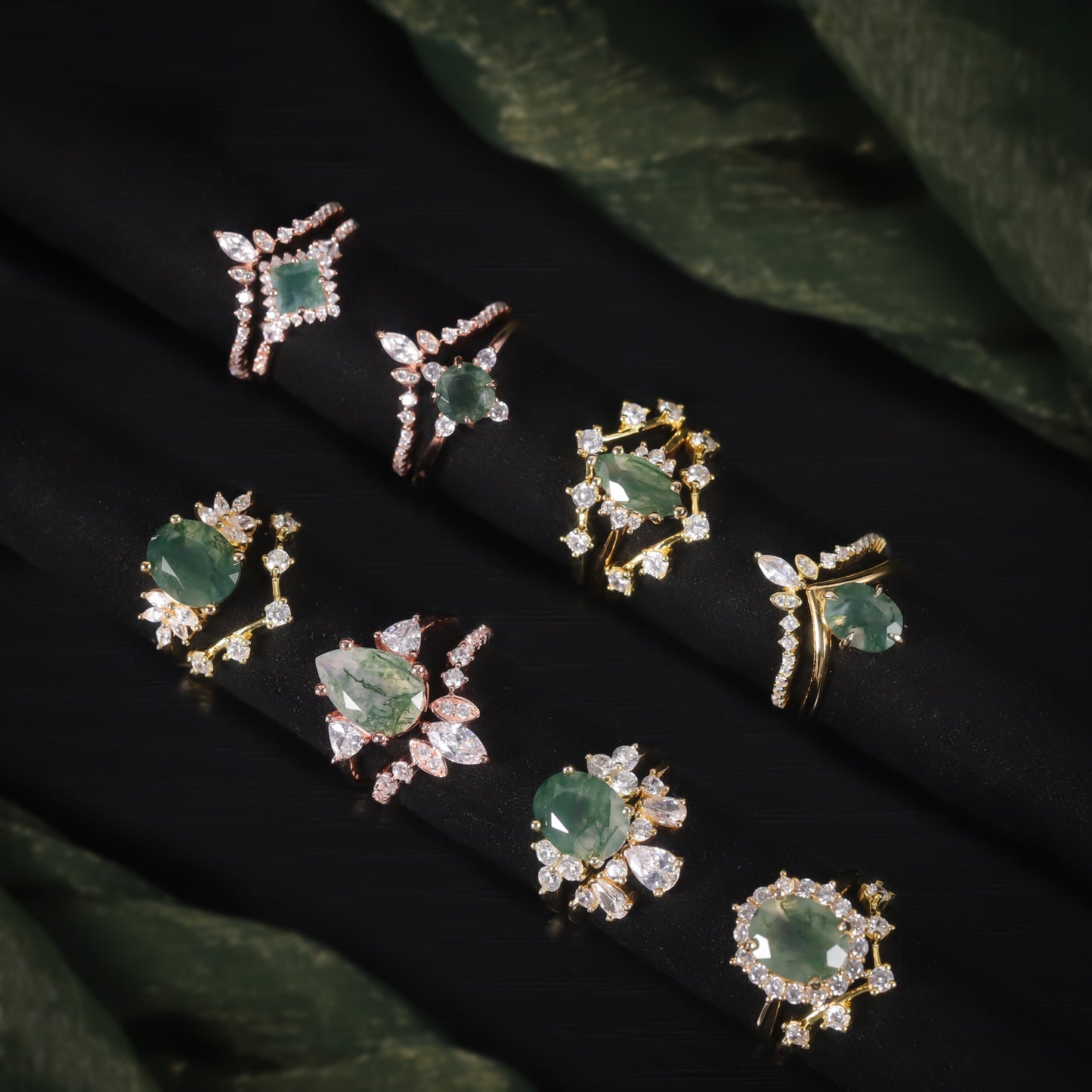 Anillos de compromiso y boda de plata de ley 925 con ágata musgosa verde natural ovalada, hechos a mano, de Kemstone, diseño original.