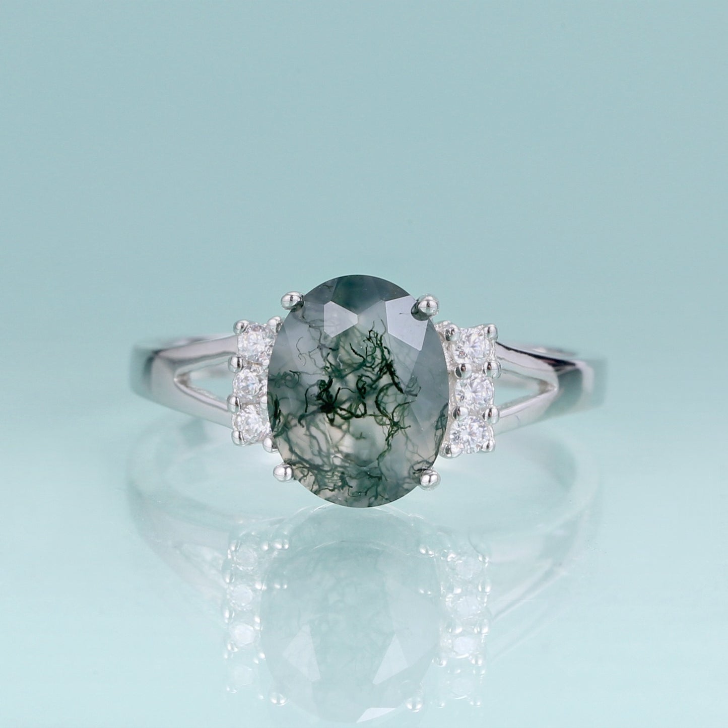 Anillo de compromiso de ágata musgosa en plata de ley 925 con piedra ovalada, diseño original artesanal de Kemstone