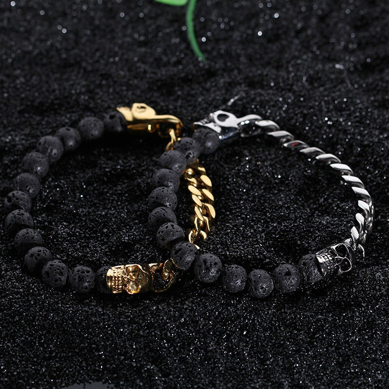 Kemstone Stainless Steel Skull & Volcanic Stone Mala Bracelet – Ethereal Energy Fusion KB66361