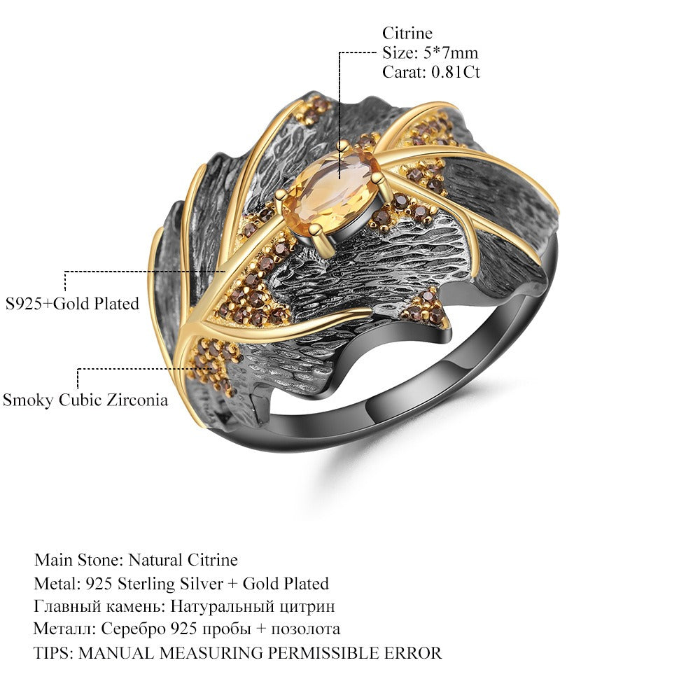 Anillo de citrino natural de 0,81 ct, diseño original artesanal de Kemstone, joyería de hojas de diseñador, anillo de plata de ley 925 para mujer, K230809R