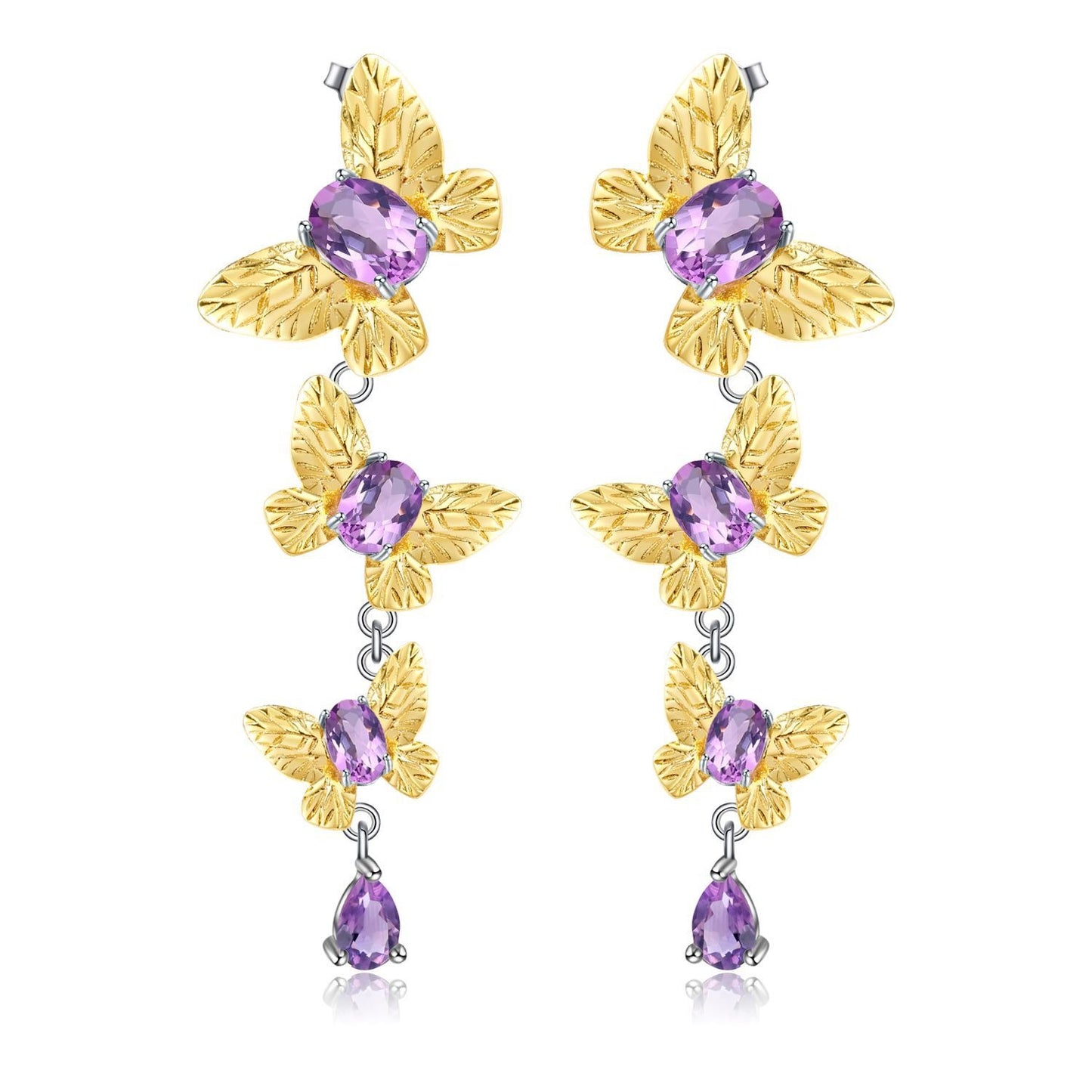 Pendientes colgantes de plata de ley S925 con gemas, diseño original artesanal de Kemstone, con diseño de mariposa de amatista natural y topacio azul suizo para mujer.