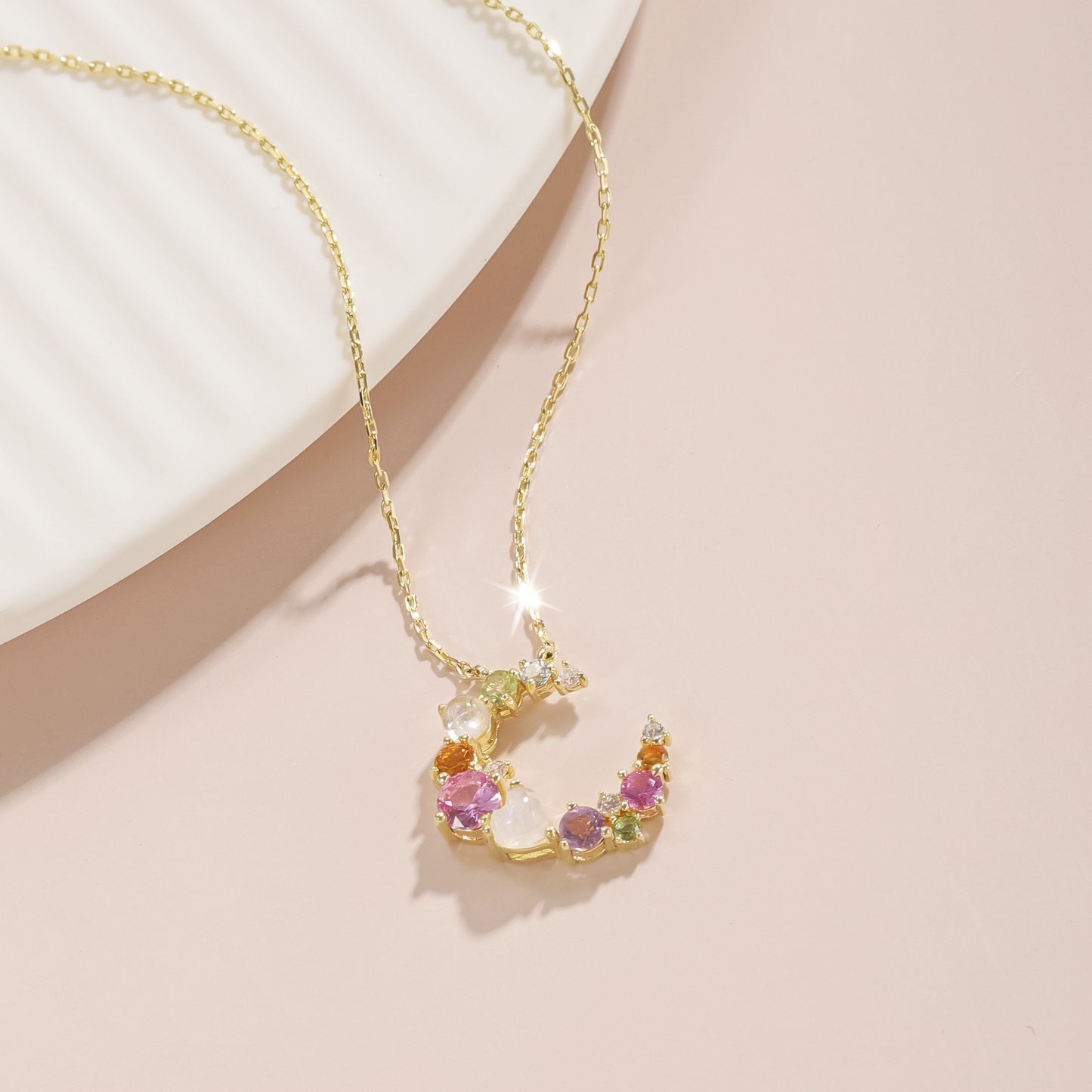 Kemstone Moonlight Sonata Necklace – 925 Sterling Silver Gold-Plated Crescent Pendant with Natural Multicolor Gemstones T7-OL1671NGRM