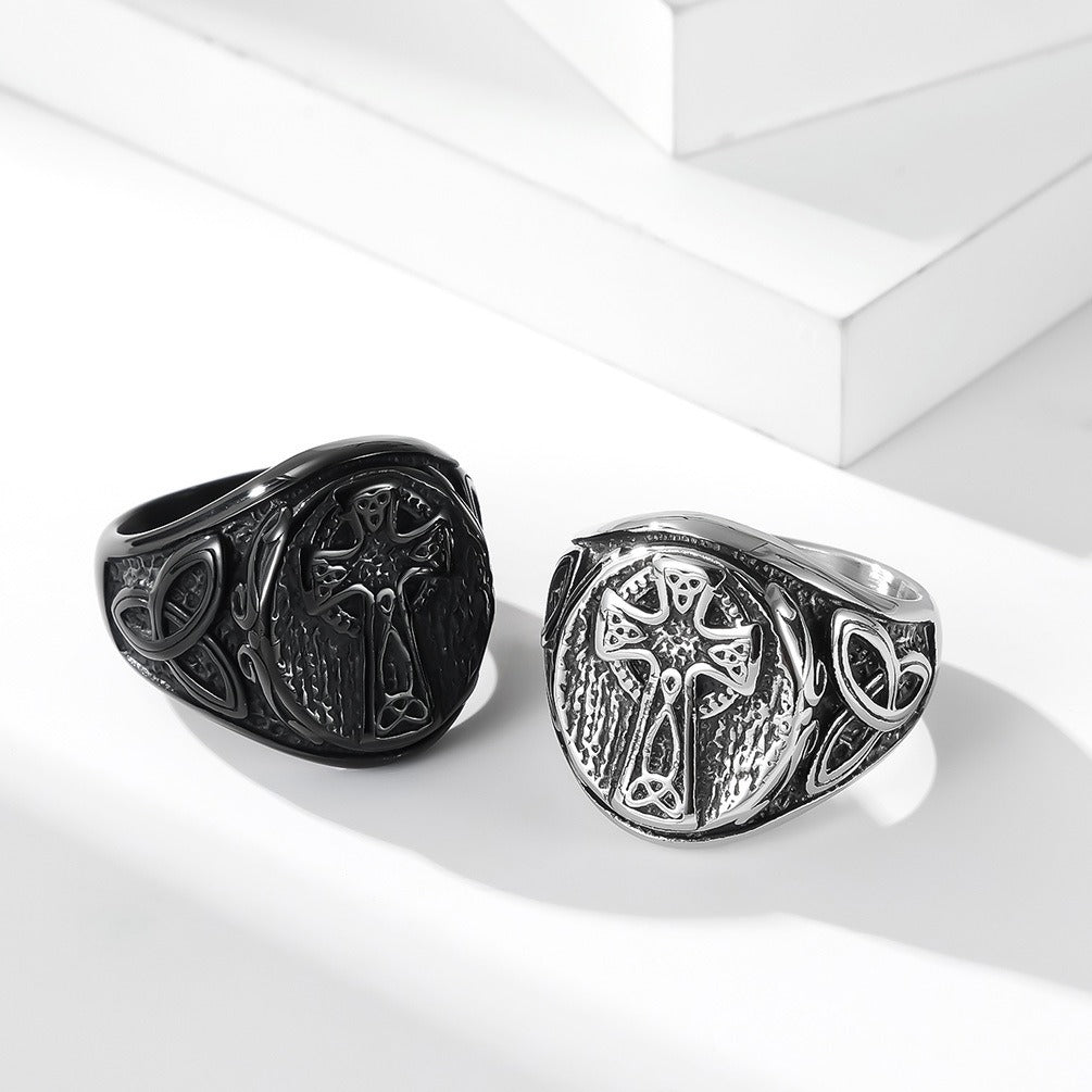 Kemstone Men’s Titanium Steel Celtic Cross Ring – Eternal Knot Design K-R647