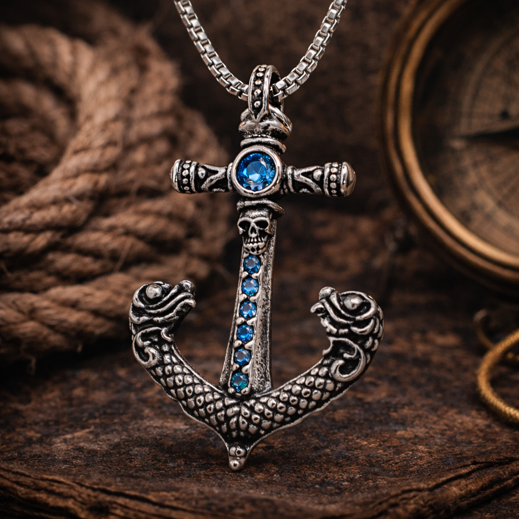 Kemstone Titanium Steel Anchor Pendant Necklace for Men with Cubic Zirconia – Gold & Silver P1411