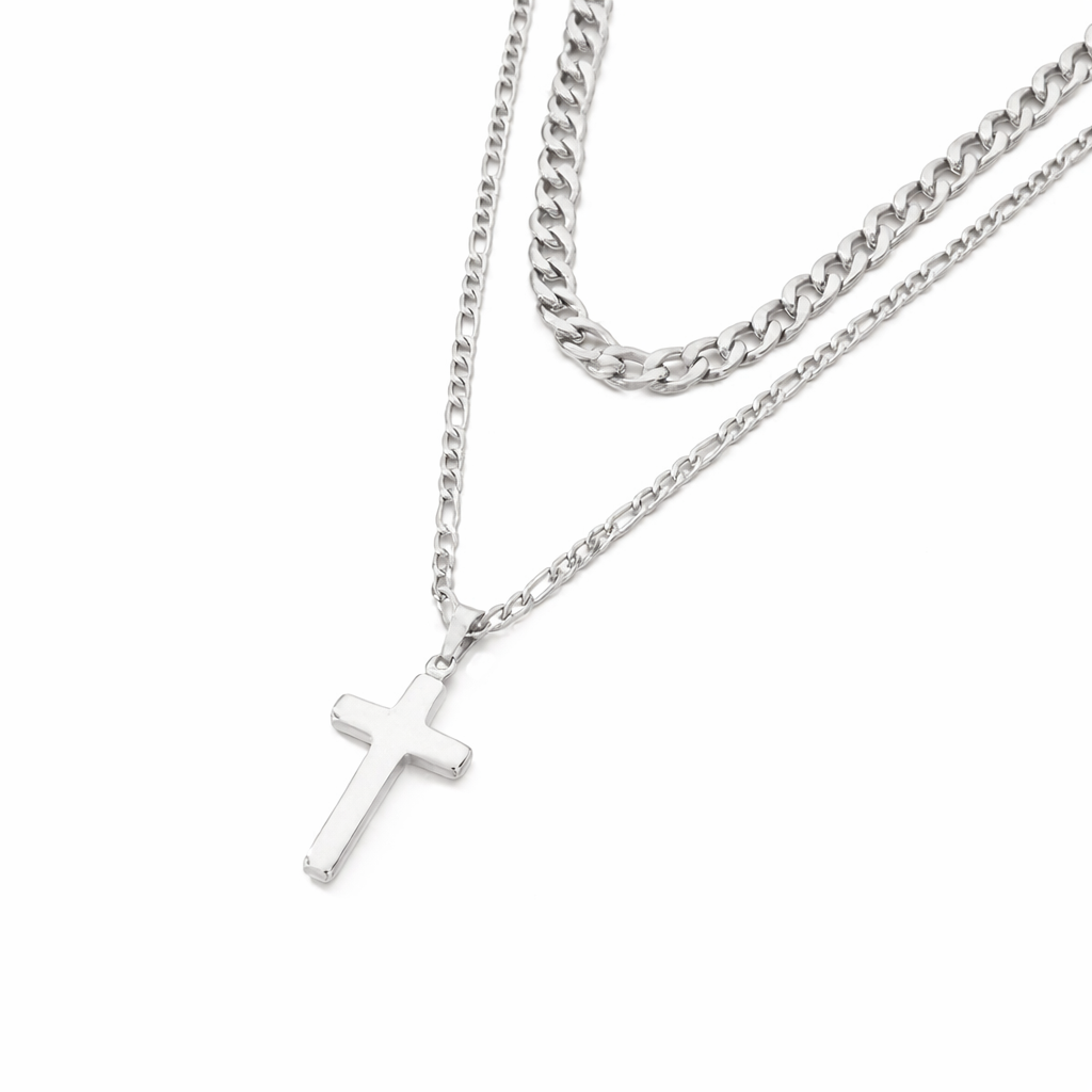 Kemstone Stainless Steel Cross Pendant Necklace for Men Layered NK Chain KN292217-Z