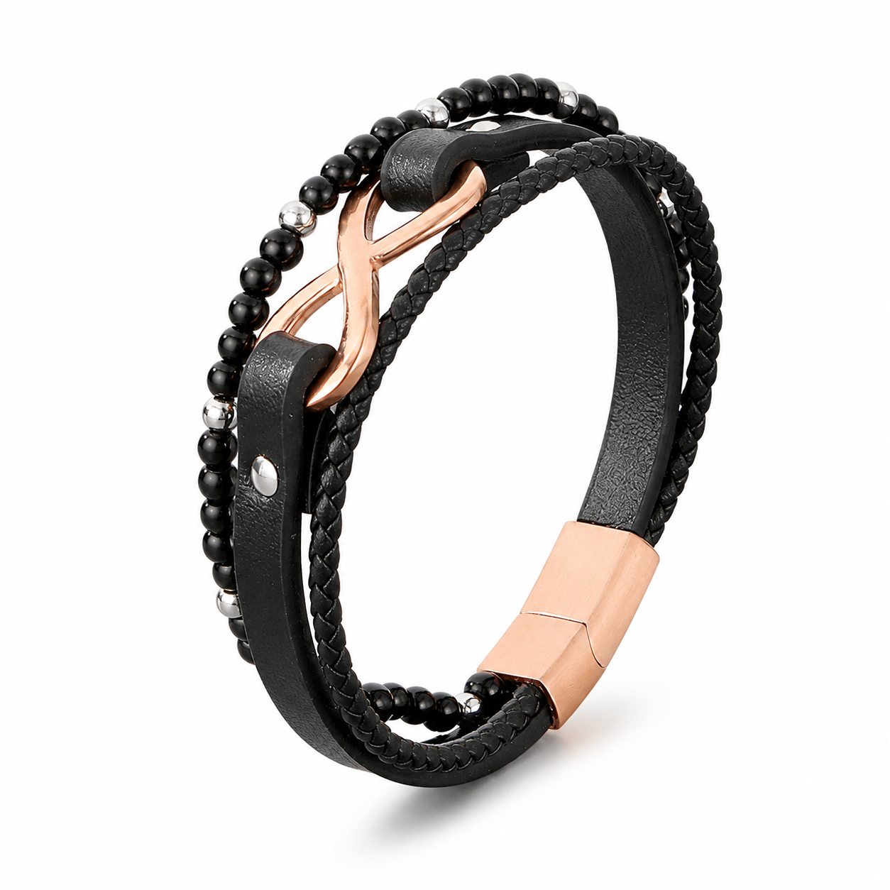 Kemstone Layered Leather Beaded Infinity Bracelet for Men Stainless Steel Clasp Wristband KB180750-JR