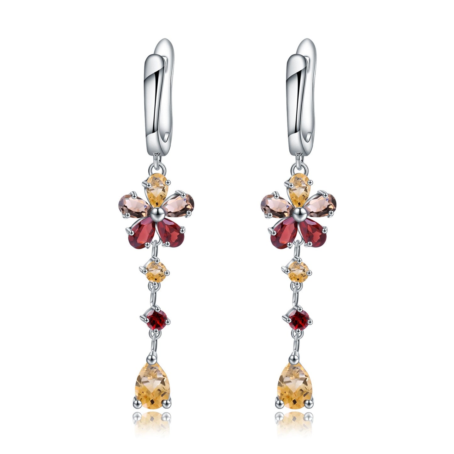 Pendientes colgantes de citrino natural de estilo clásico, hechos a mano, con diseño original de Kemstone y detalles de cuarzo ahumado y granate | Plata de ley 925