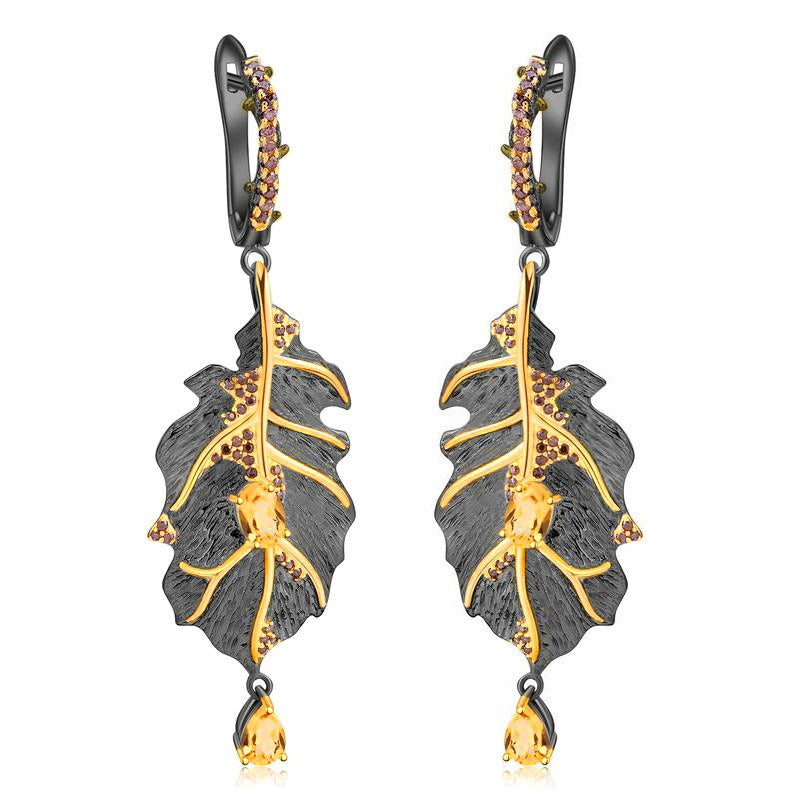 Orecchini pendenti a forma di foglia di design originale fatti a mano da Kemstone con citrino naturale da 0,48 ct e 0,38 ct, per donna, 2,6", K23420E