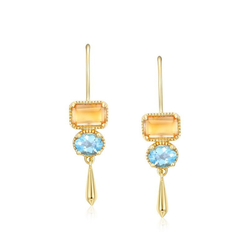 Pendientes geométricos de lujo de Kemstone, hechos a mano, con citrino natural y topacio azul suizo, diseño original - Plata de ley S925 bañada en oro