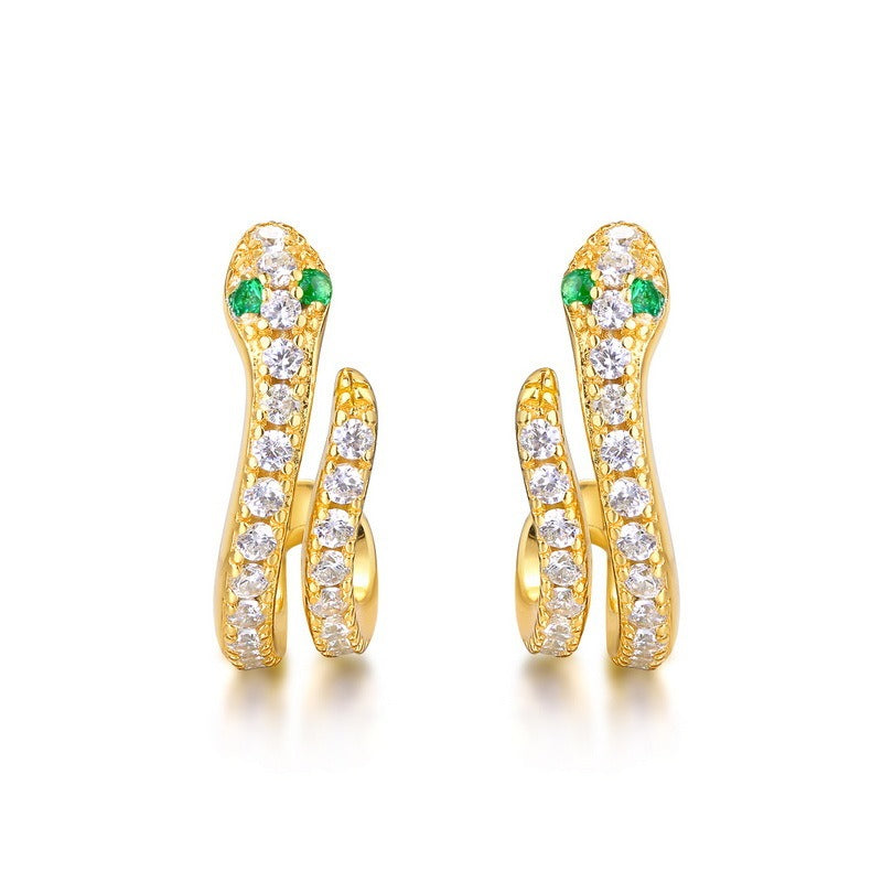 Pendientes clásicos de serpiente de diseño original hechos a mano por Kemstone - Plata S925 con nanocircón verde y baño de oro de 9 quilates