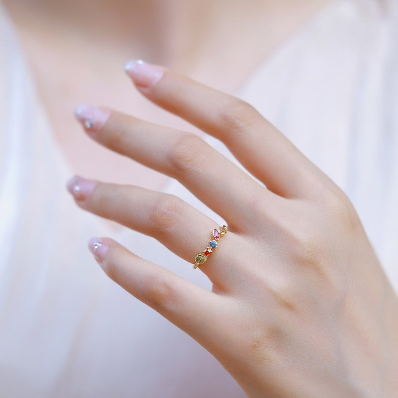 Anillo geométrico arcoíris de plata de ley S925 con diseño original artesanal de Kemstone y nanocircón - Joyería bañada en oro