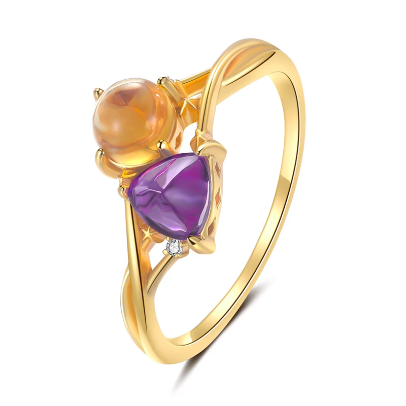 Anillo de romance cósmico de diseño original artesanal de Kemstone: anillo de plata de ley bañado en oro con amatista y citrino, sol y luna.