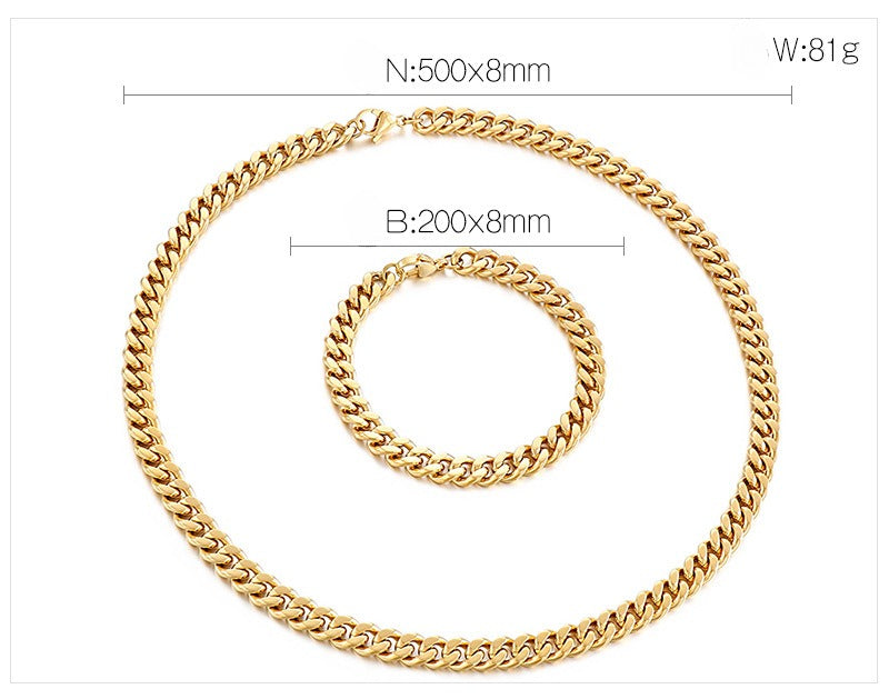Kemstone Cuban Link Necklace & Bracelet Set – 8mm Stainless Steel Chain in Gold or Silver KS139040-Z