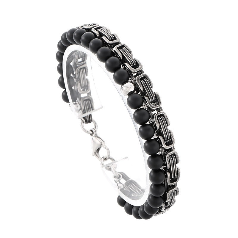 Kemstone Double Chain Bracelet for Men – Stainless Steel & Black Agate Beads, Viking Punk Style
