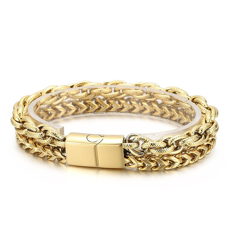 Kemstone Double Layer Chain Bracelet – 13mm Stainless Steel Punk Biker Jewelry for Men | KB91534-BD