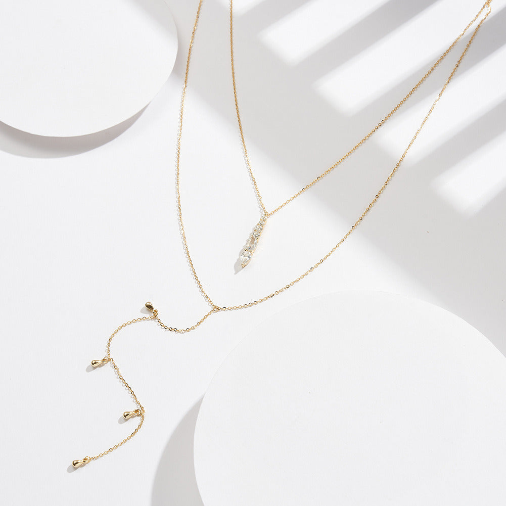 Kemstone S925 Sterling Silver Lariat Pendant Double Layer Necklace for Women – Dainty Y & Drop Chain, Silver & Gold A4-BQN11