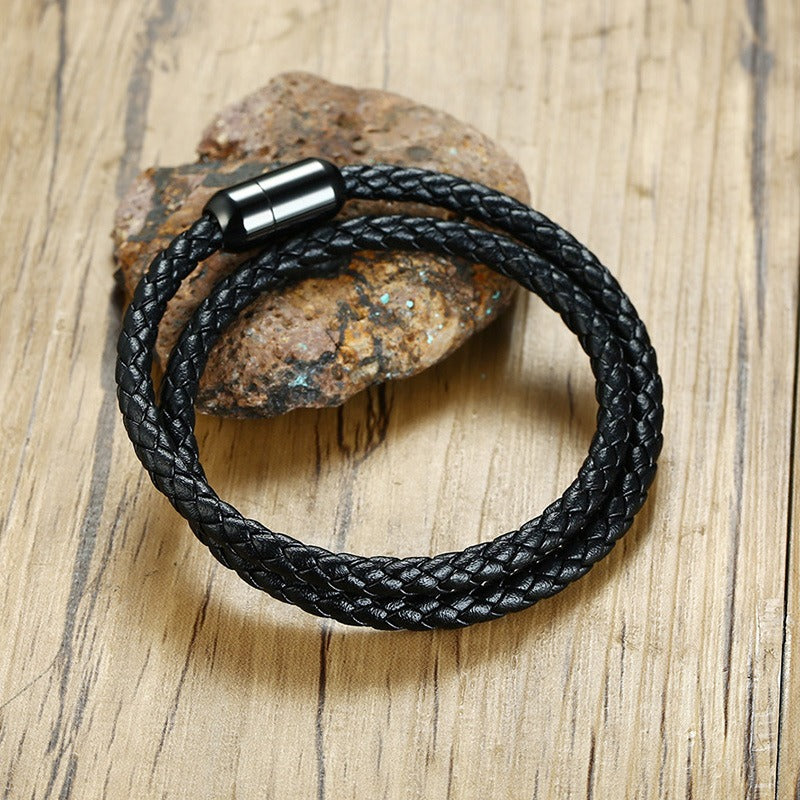 Kemstone Black Leather & Stainless Steel Magnetic Bracelet – Dual-Layer Cuff for Men BL446