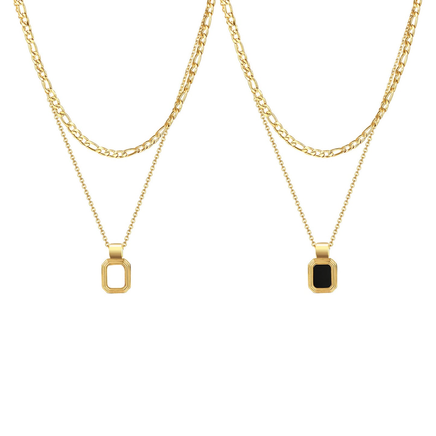Collar Kemstone de acero inoxidable con placa cuadrada geométrica de doble capa - Colgante minimalista dorado para mujer NC-849