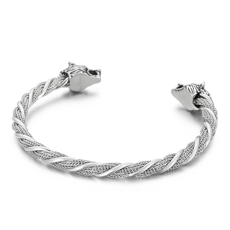 Kemstone Dual Wolf-Head Titanium Steel Punk Bracelet – Bold Men's Accessory KB152065