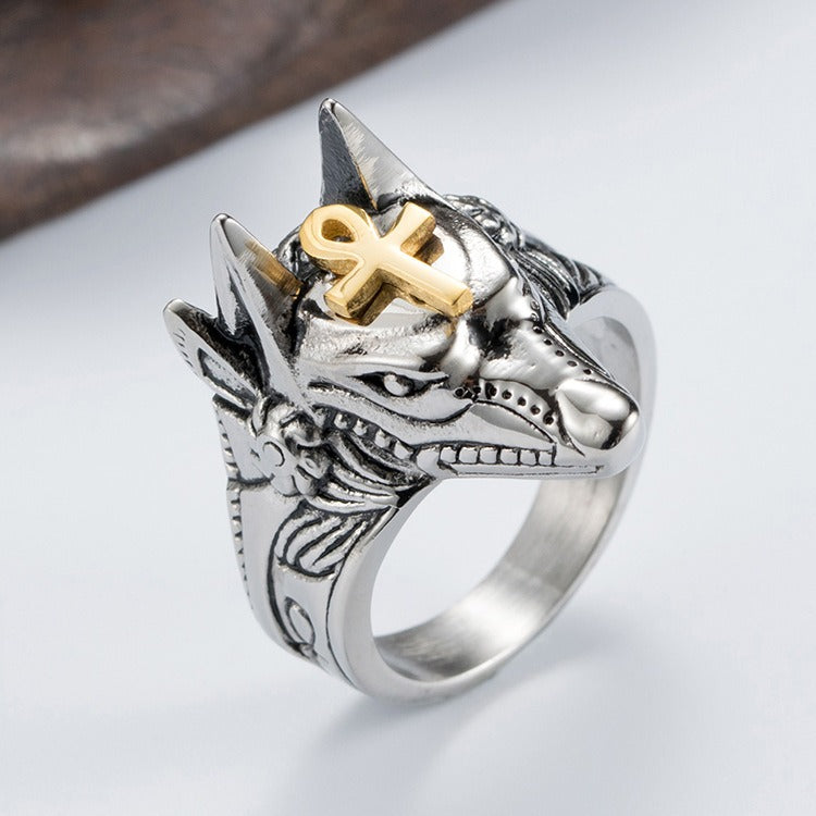 Kemstone Men’s Titanium Steel Anubis Egyptian God Ring – Silver K-R291