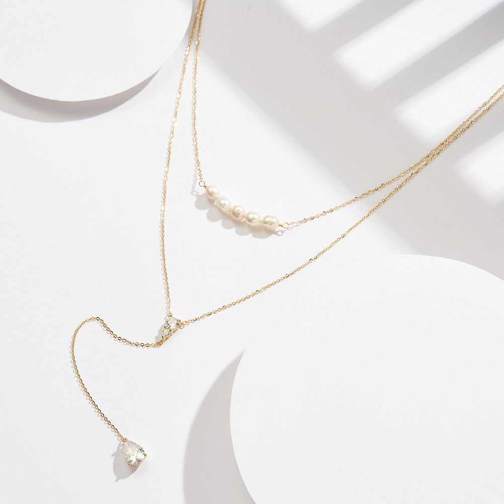 Kemstone Layered Y Lariat Necklace for Women – 925 Sterling Silver, Pearl & Cubic Zirconia, Adjustable Gold/Silver Chain A4-BQN13