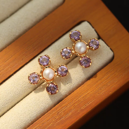 Pendientes Kemstone de diseño original, hechos a mano, con trébol de cuatro hojas, amatista y perla - Elegantes pendientes florales en plata 925