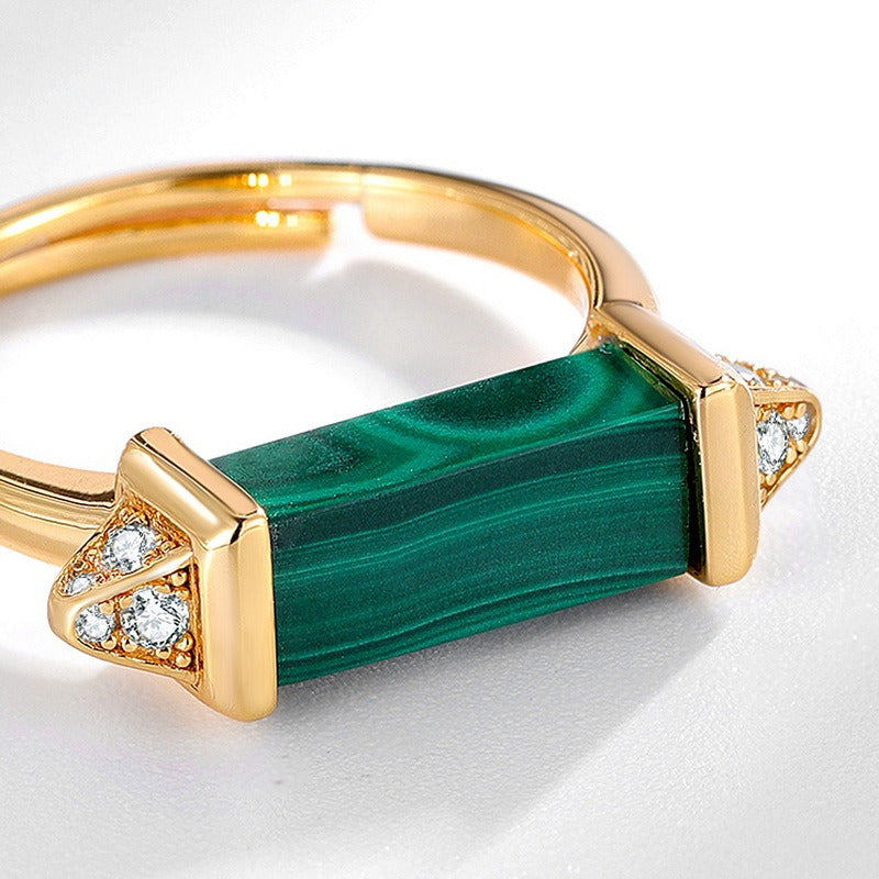 Anillo de malaquita y diamantes geométrico moderno, diseño original artesanal de Kemstone - Ajustable, plata S925, chapado en oro