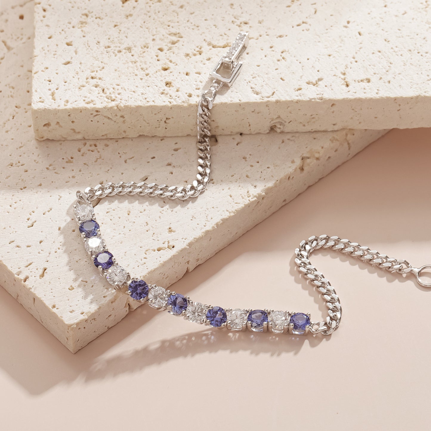 S925 Sterling Silver Blue Sapphire & Moissanite Bracelet – Elegant Hollow Design for Women OL1118B