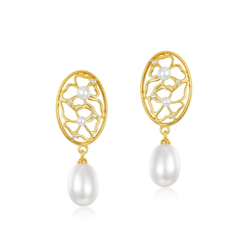 Pendientes largos de perlas de plata S925, elegantes y originales, hechos a mano por Kemstone - Diseño hueco de lujo