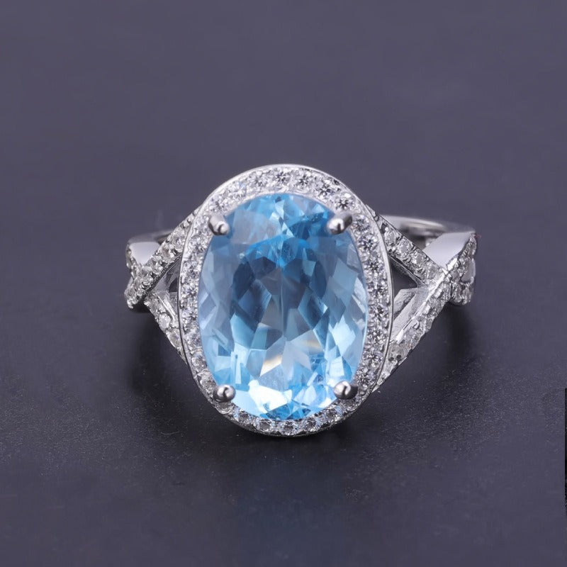 Anillo de topacio azul cielo de corte ovalado de 8,15 quilates, hecho a mano, diseño original de Kemstone, en plata de ley hueca para mujer, K245032R