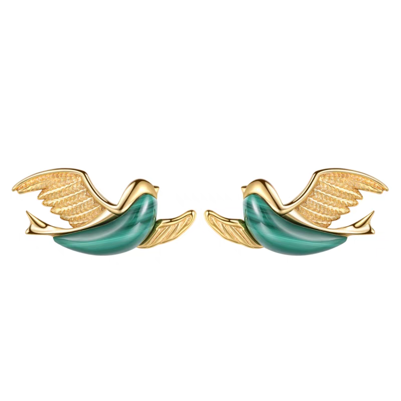Pendientes de pájaro esmeralda de malaquita y plata de ley, hechos a mano por Kemstone, con diseño original: un regalo elegante y de lujo de estilo retro.