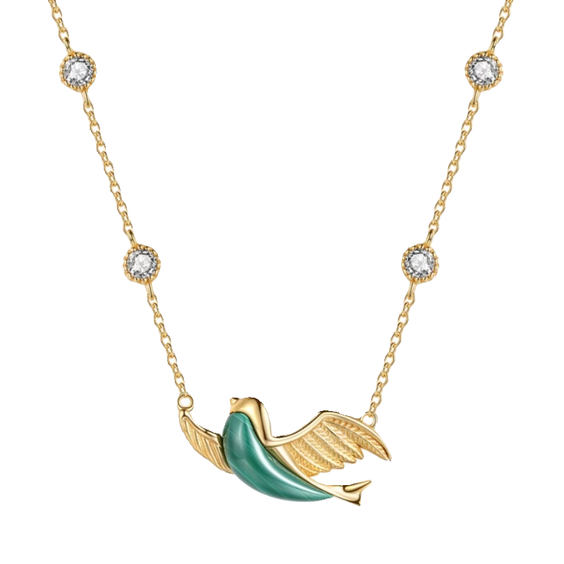 Collar de pájaro esmeralda con diseño original artesanal de Kemstone. Colgante vintage de malaquita y plata con cadena ajustable.