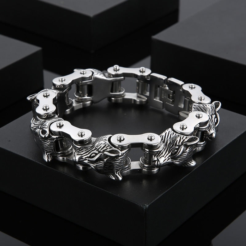 Kemstone Wolf Head Chain Bracelet – Titanium Steel Motorcycle-Inspired Men’s Jewelry KB152384