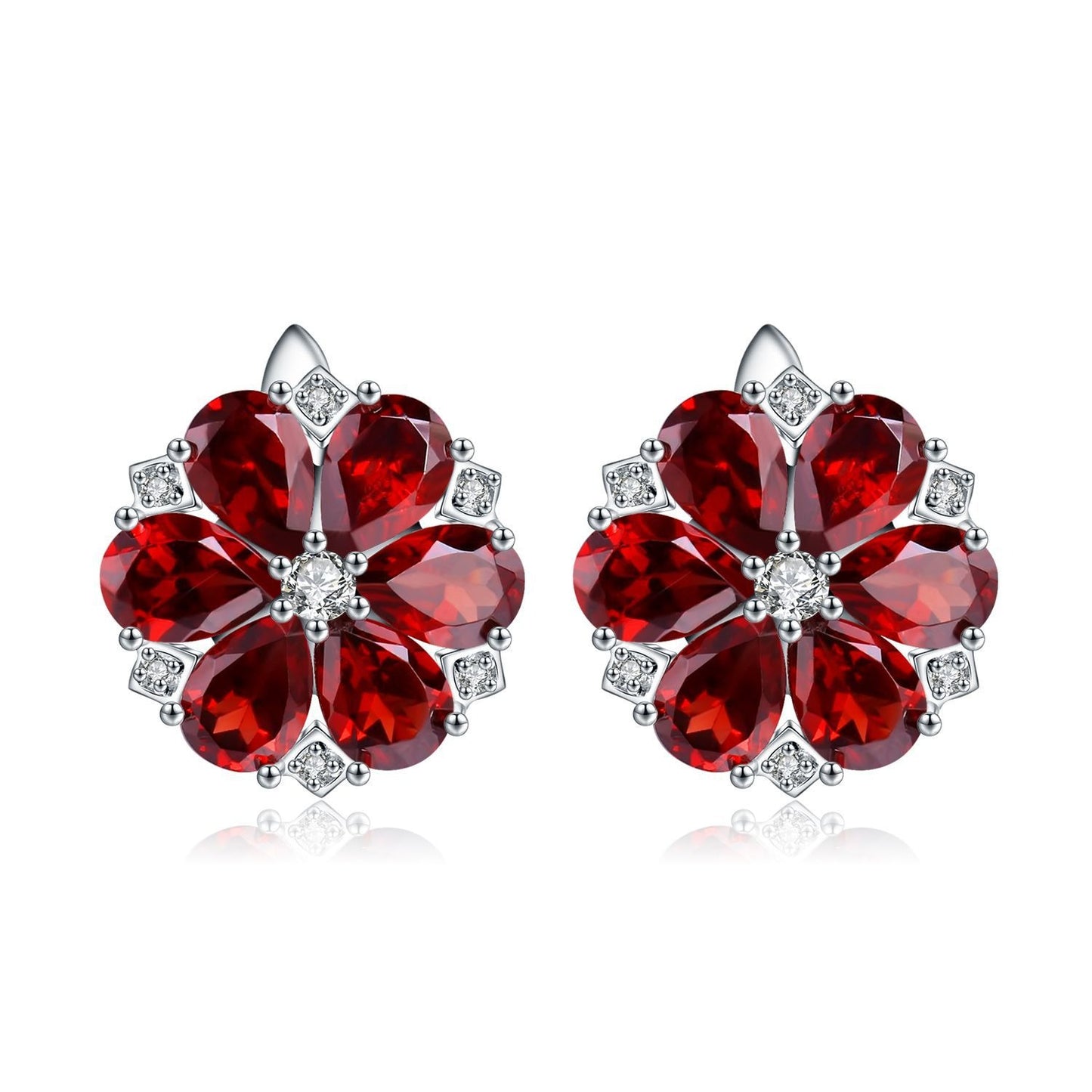 Pendientes de flor de gemas naturales de diseño original hechos a mano por Kemstone con granate y topacio azul Londres en plata de ley S925 para mujer.