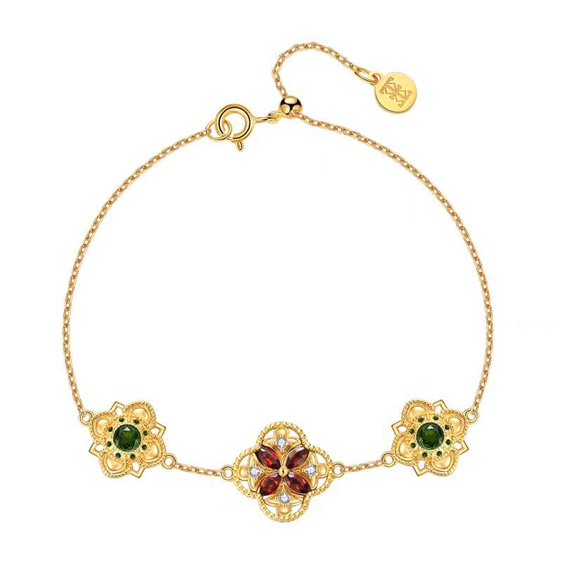 Pulsera artesanal de Kemstone con diseño original de mosaico floral: pulsera vintage de piedras preciosas naturales en plata 925 bañada en oro con diópsido y granate.