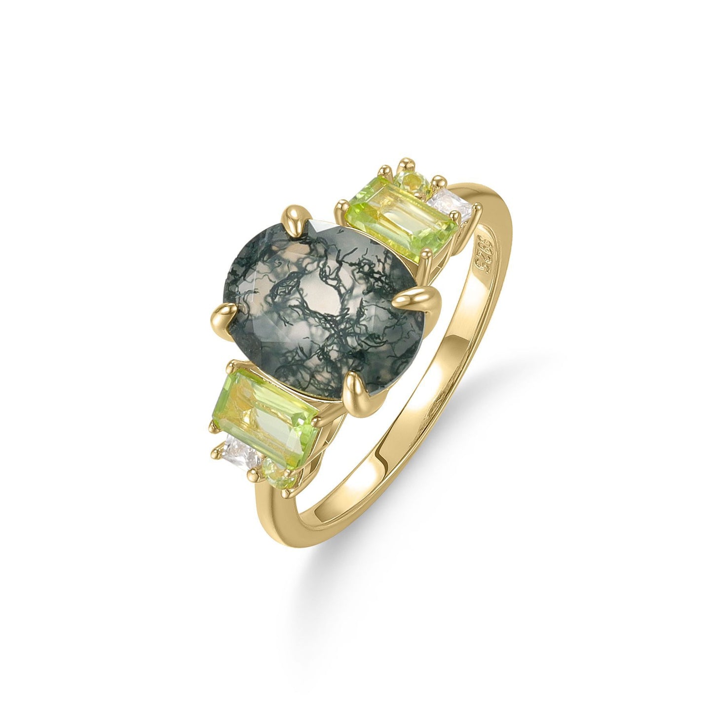 Kemstone Forest Echoes Ring – Moss Agate & Peridot Gemstones, 925 Sterling Silver with 18K Gold Plating, Vintage Botanical Design T7-OL1180R