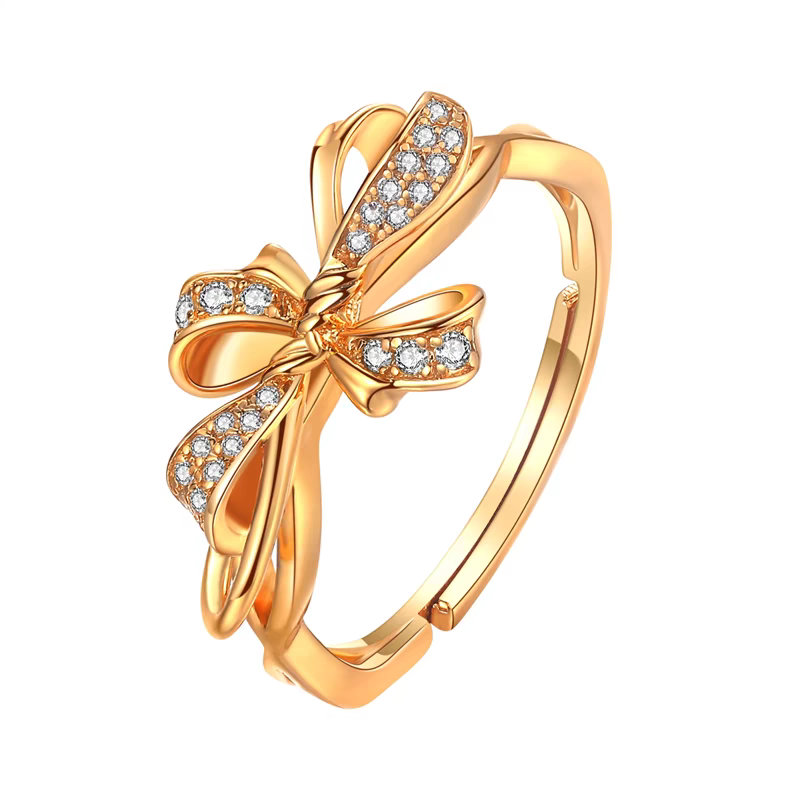 Kemstone French Bow Ring – 18K Gold-Plated 925 Sterling Silver Adjustable Open Ring