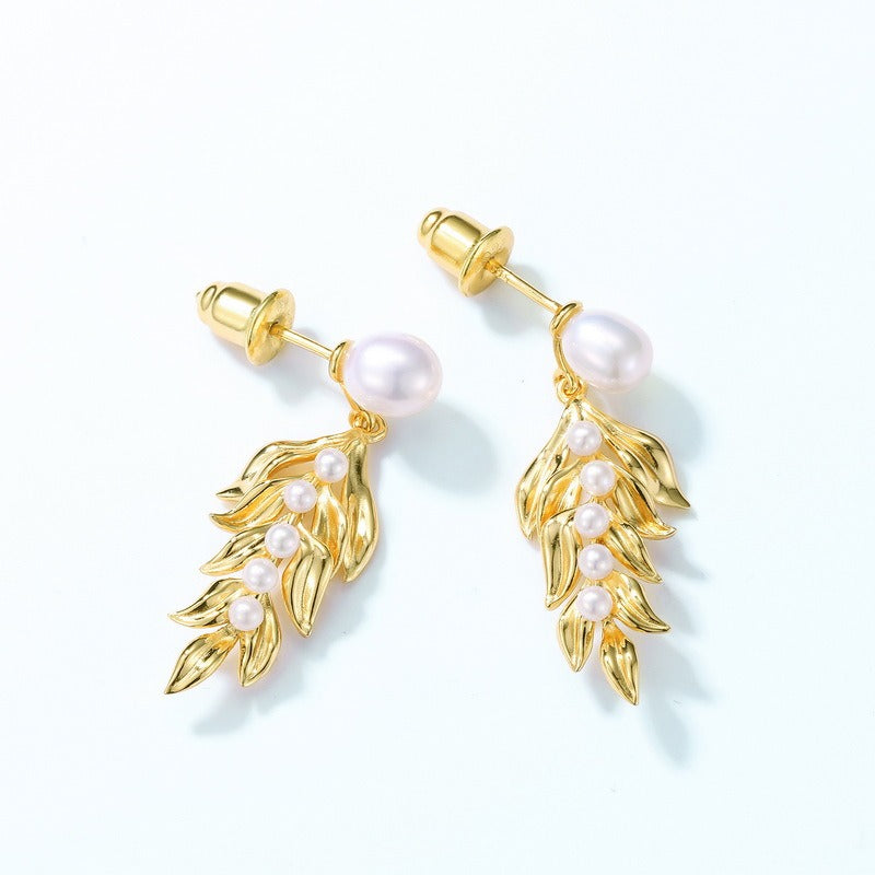 Kemstone Pearl Drop Earrings – Handcrafted S925 Silver, 10K Gold-Plated, French Vintage Leaf Design