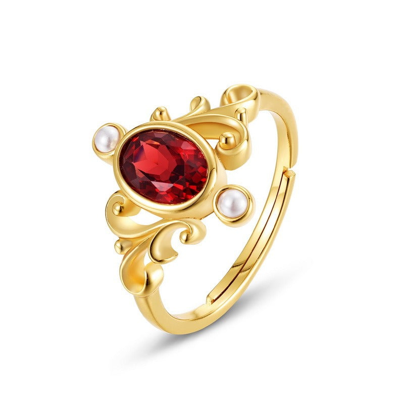 Anillo de corona real vintage de diseño original, hecho a mano por Kemstone - Plata S925 bañada en oro con granate