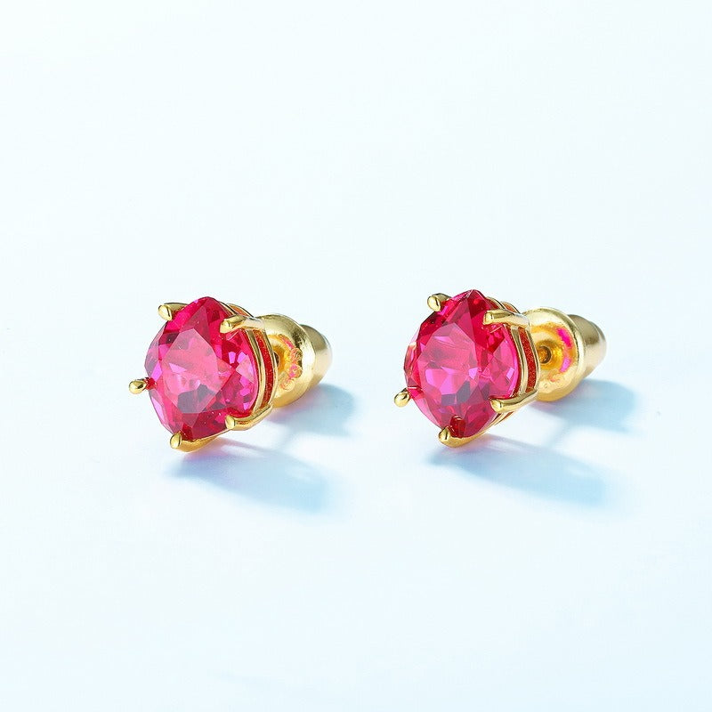 Orecchini a bottone in rubino di laboratorio, geometrici, minimalisti e dal design originale, realizzati a mano da Kemstone - Gioielli in argento Sterling S925 placcato oro 10K per donna
