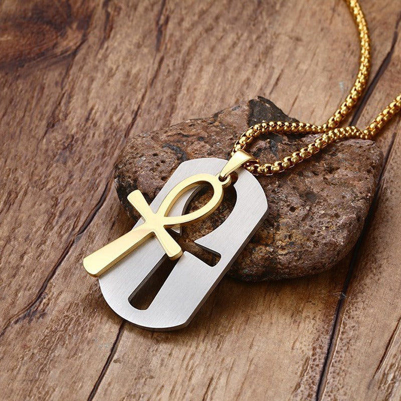 Collar con colgante de símbolo de vida Ankh de acero y titanio Kemstone - Diseño geométrico, joyería duradera para hombre PN-623