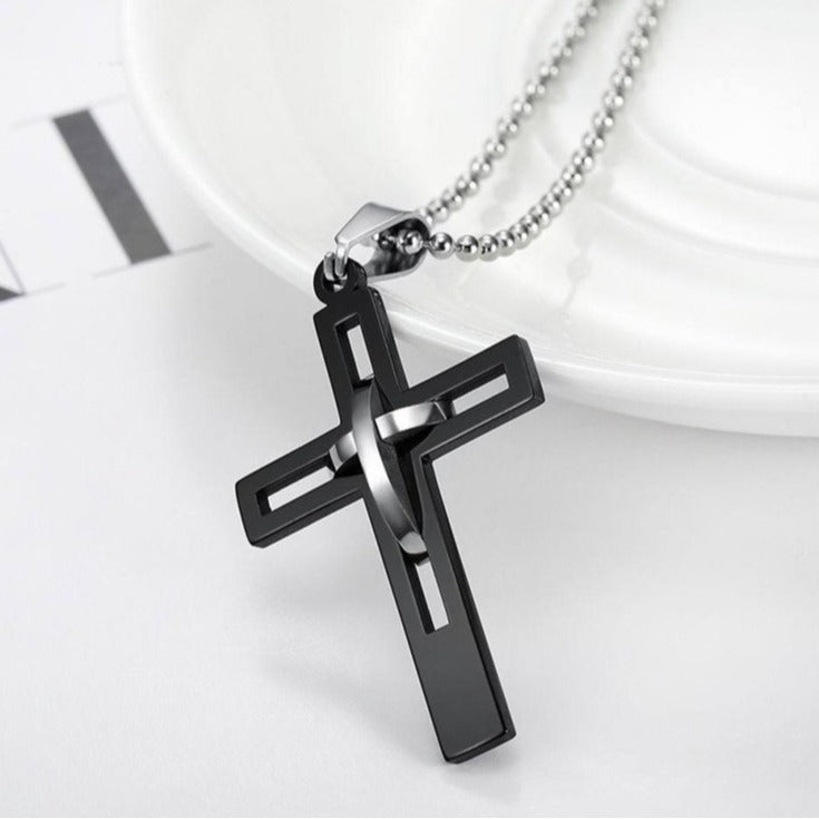 Kemstone Black Open Cross Pendant Necklace for Men Stainless Steel Geometric Design TN0125