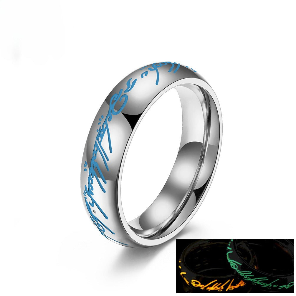 Kemstone Glow in the Dark Elvish Ring β Titanium Steel Script Band Gothic Norse Fantasy | K-R740