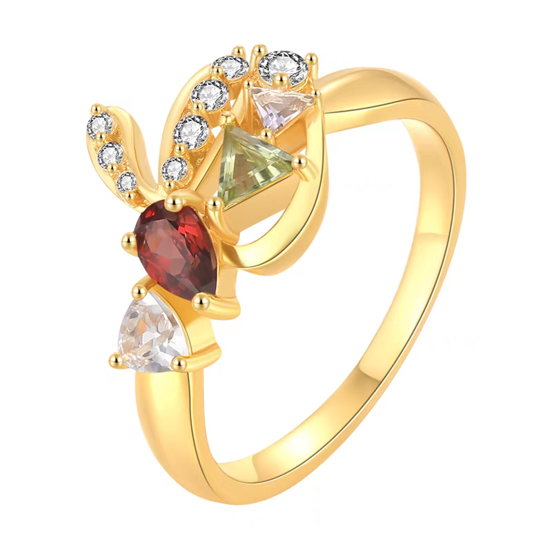 Anillo BENO.1 de conejito con diseño original artesanal de Kemstone. Anillo de plata de ley 925 con baño de oro y piedras preciosas con granate, amatista, peridoto, cuarzo blanco y topacio. Un regalo de lujo único para mujer.